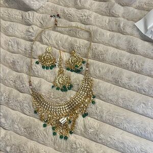 Desi- Indian Fashion Jewelry - Elegant Gold and Green Jewelry Set